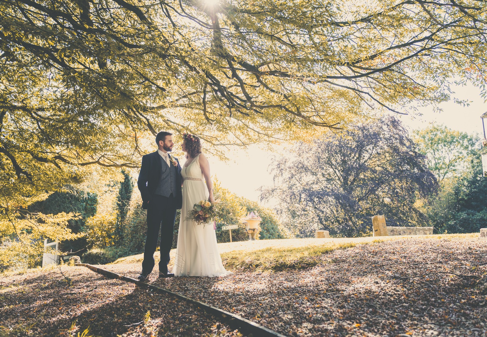 Bride and groom beneath a golden autumn beech tree in the grounds at Dunmore Gardens