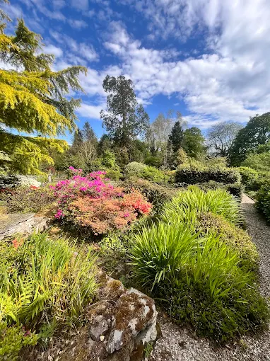 Lush garden borders, stone paths and mature trees beneath a blue sky