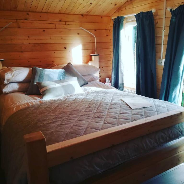 Inside a log cabin at Dunmore Gardens, with pine walls and a large bed by the window